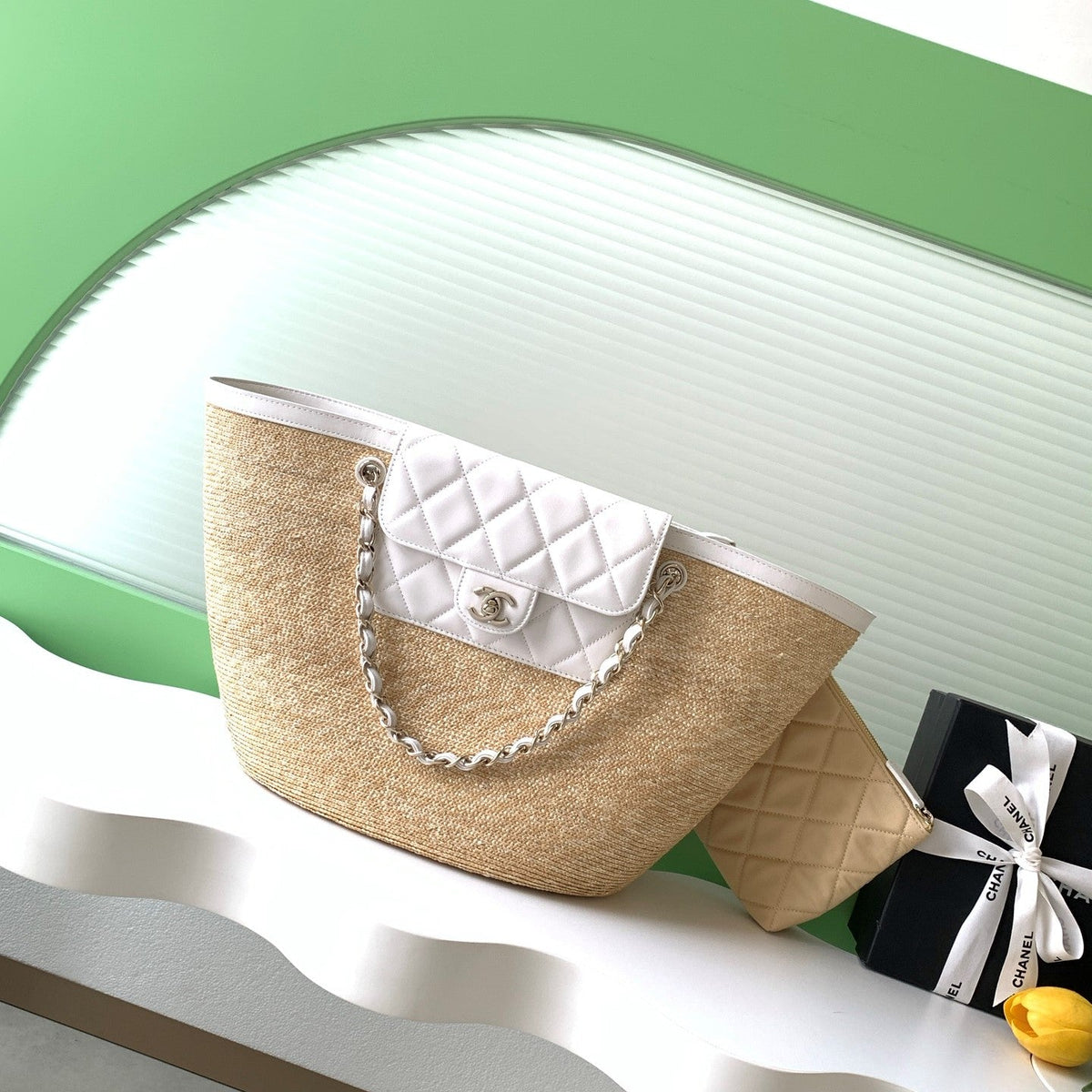 CC 2026 Large Shopping Bag Beige White Straw Calfskin