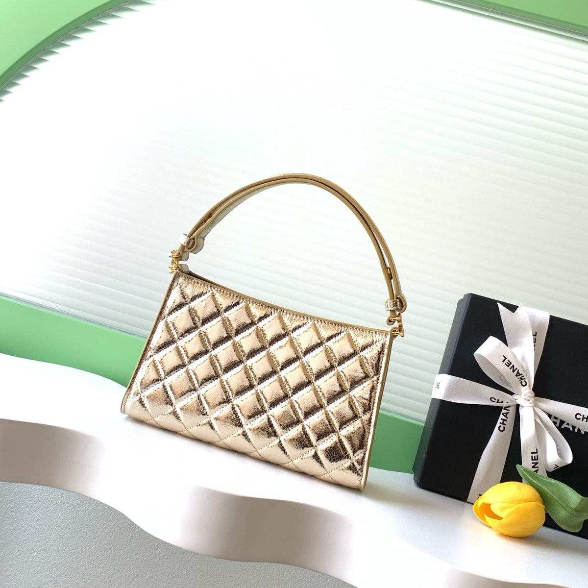 CC AS6045 Hobo Bag 22cm Metallic Gold Quilted Calfskin
