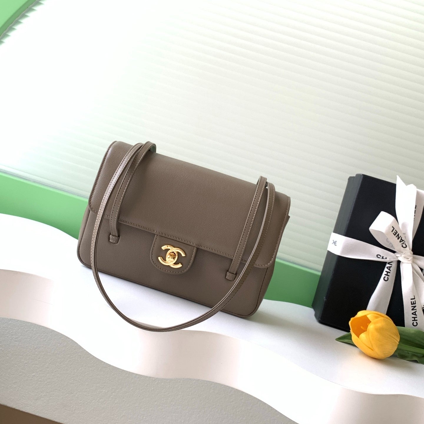 CC 2026 Preppy Coco Bag 22cm Taupe Caviar Leather Gold Hardware