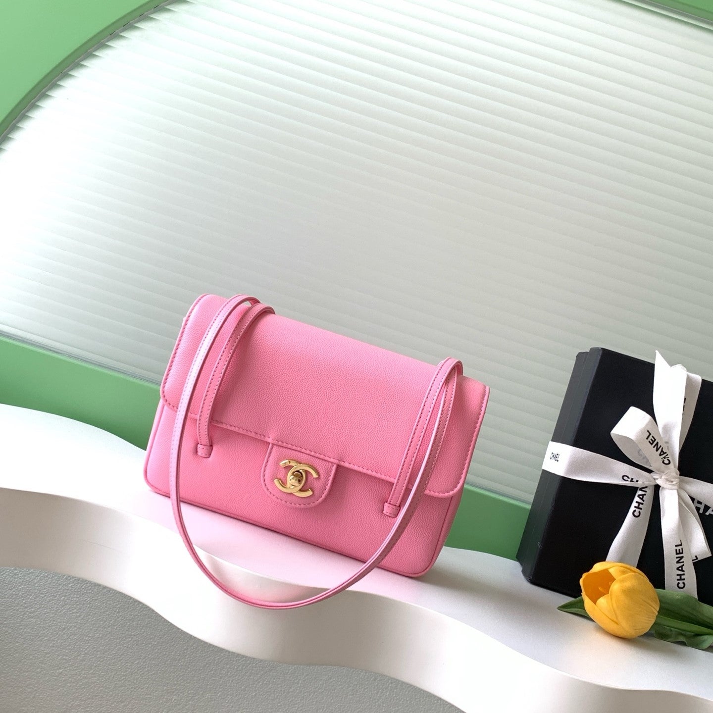 CC 2026 Preppy Coco Bag 22cm Light Pink Caviar Leather Gold Hardware