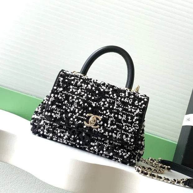 CC 2026 Top Handle Bag 19cm Black White Sequin Leather