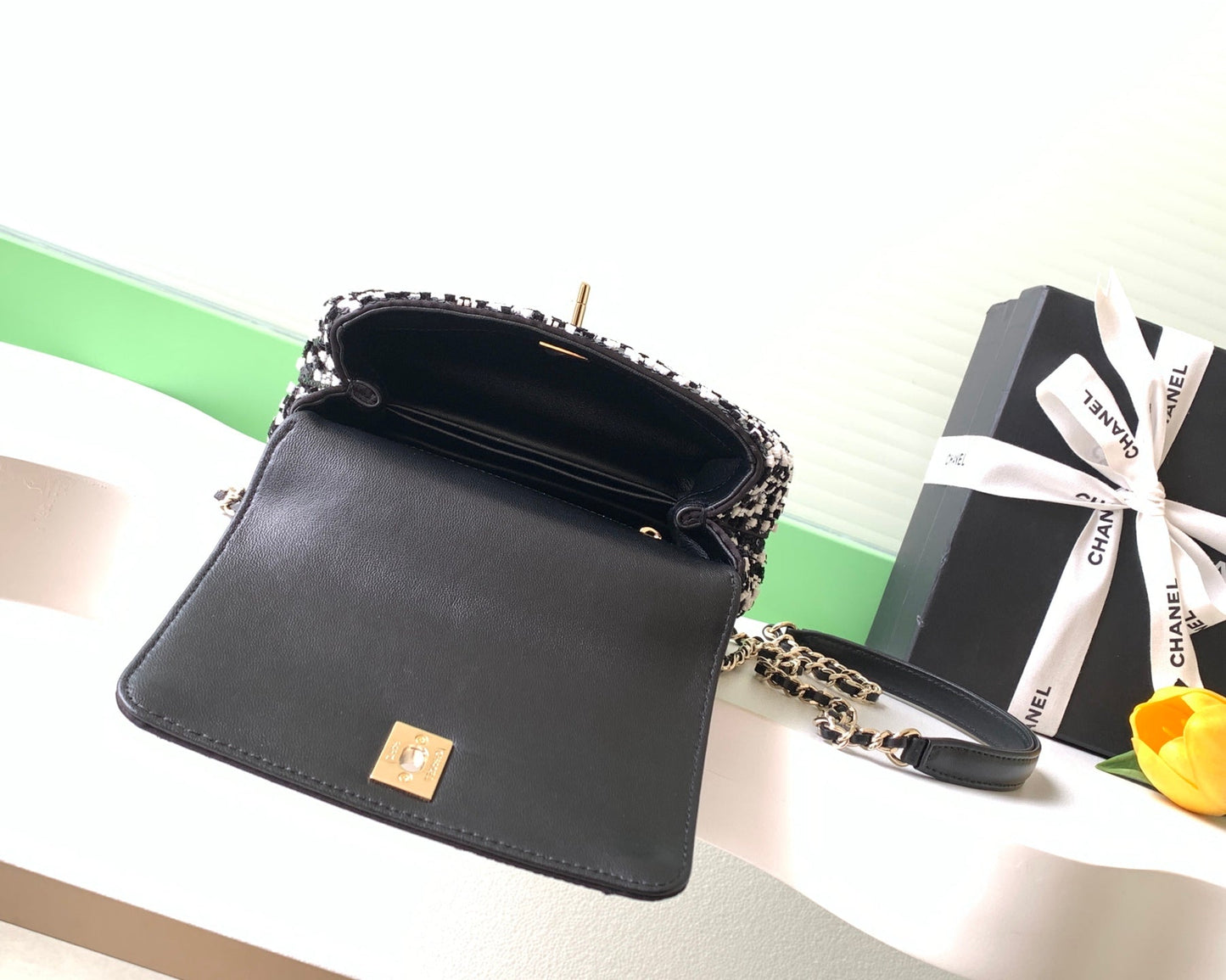 CC AS2215 Mini Flap Bag with Top Handle Black Tweed