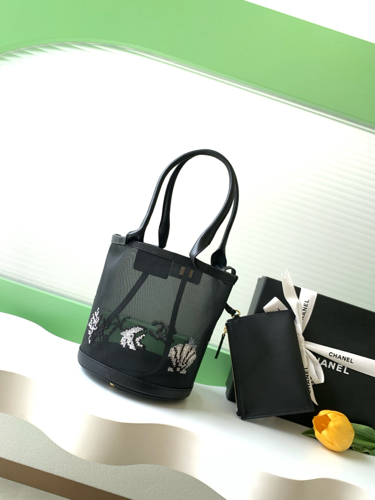 CC Large Bucket Bag Black Embroidered Mesh Calfskin