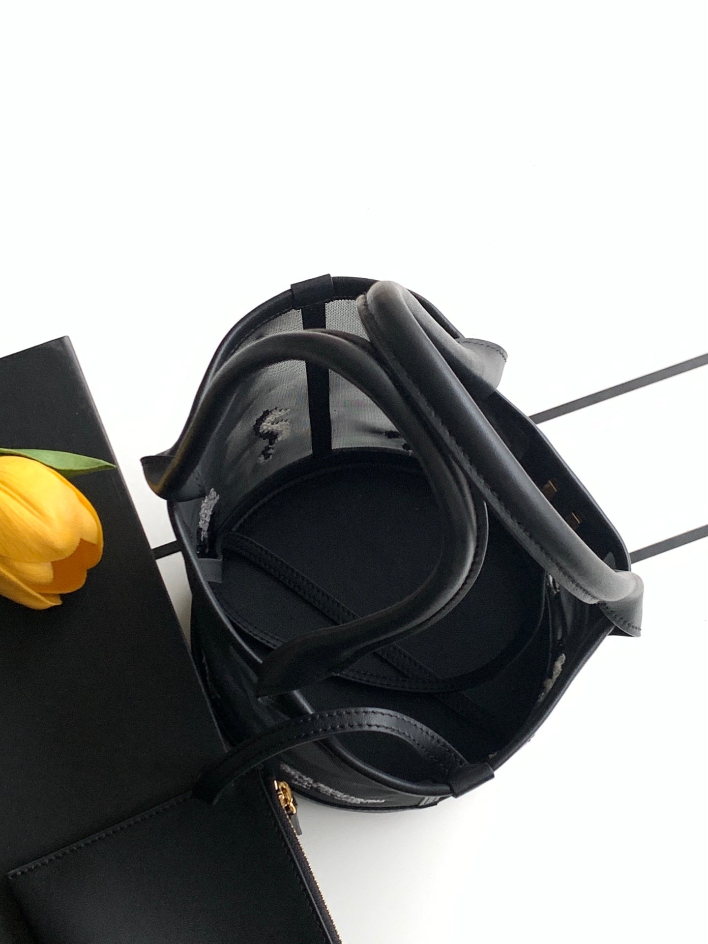 CC Large Bucket Bag Black Embroidered Mesh Calfskin