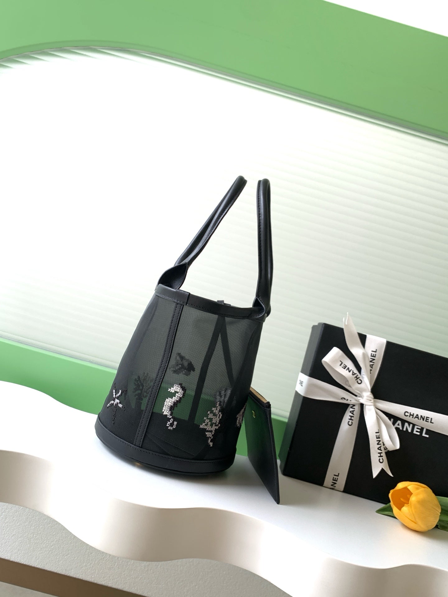 CC Large Bucket Bag Black Embroidered Mesh Calfskin