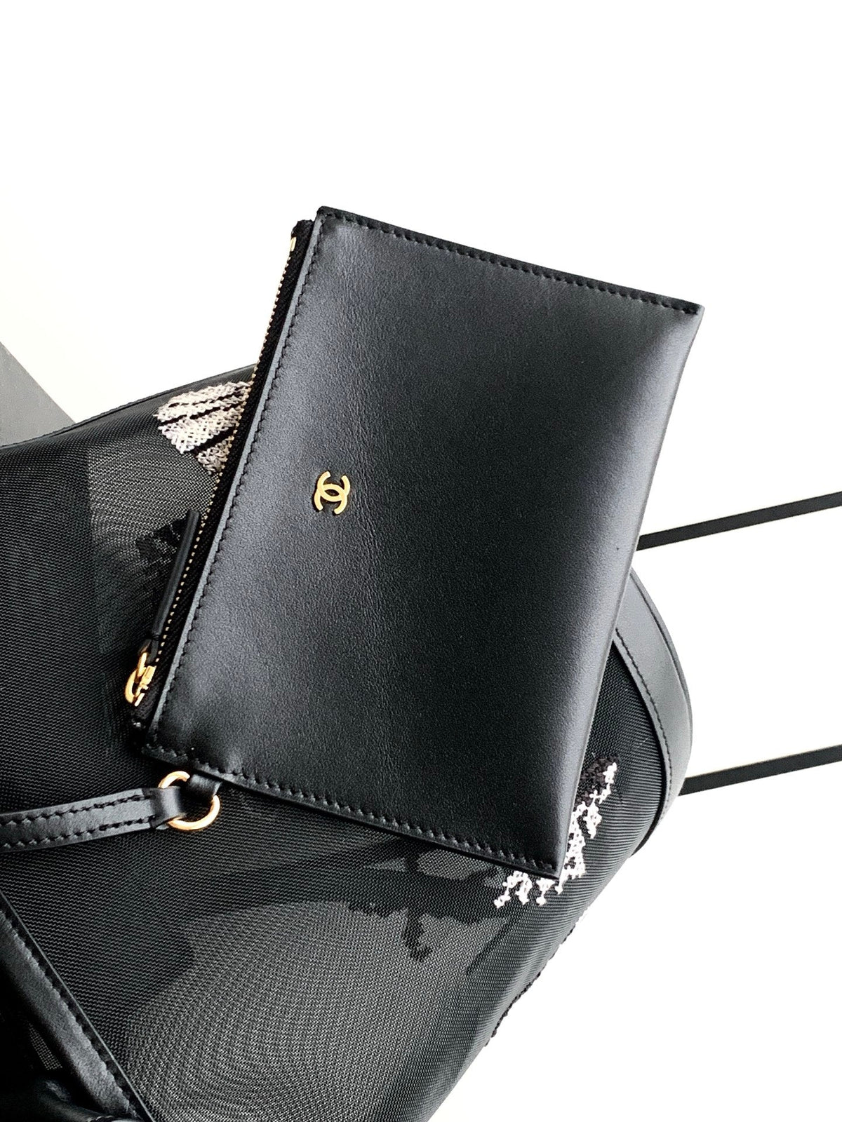 CC Large Bucket Bag Black Embroidered Mesh Calfskin