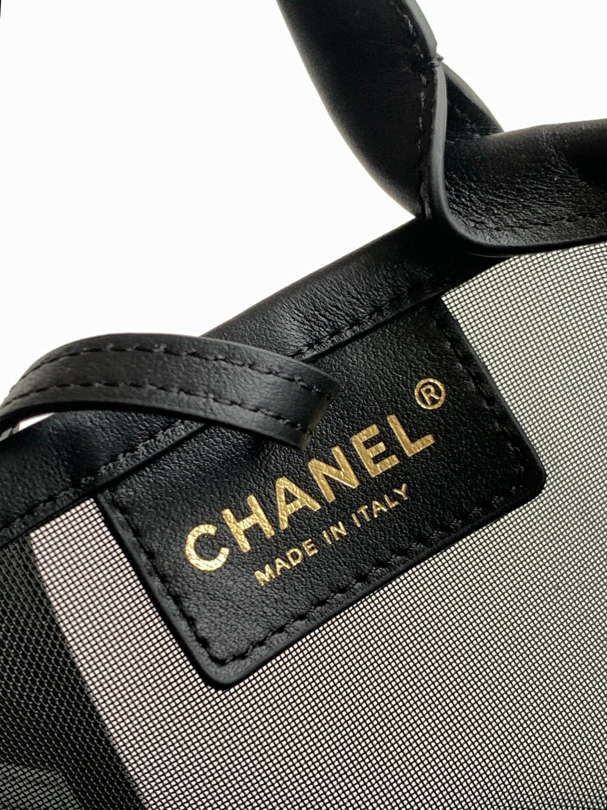 CC Large Bucket Bag Black Embroidered Mesh Calfskin