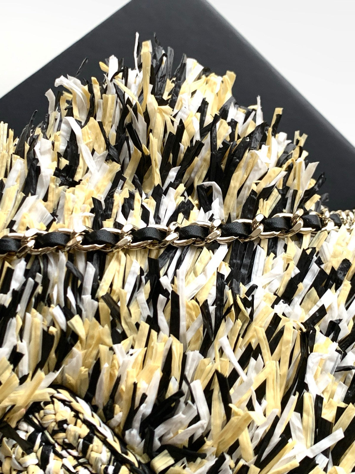CC 2026 Mini Shopping Bag Black White Yellow Raffia Fringe