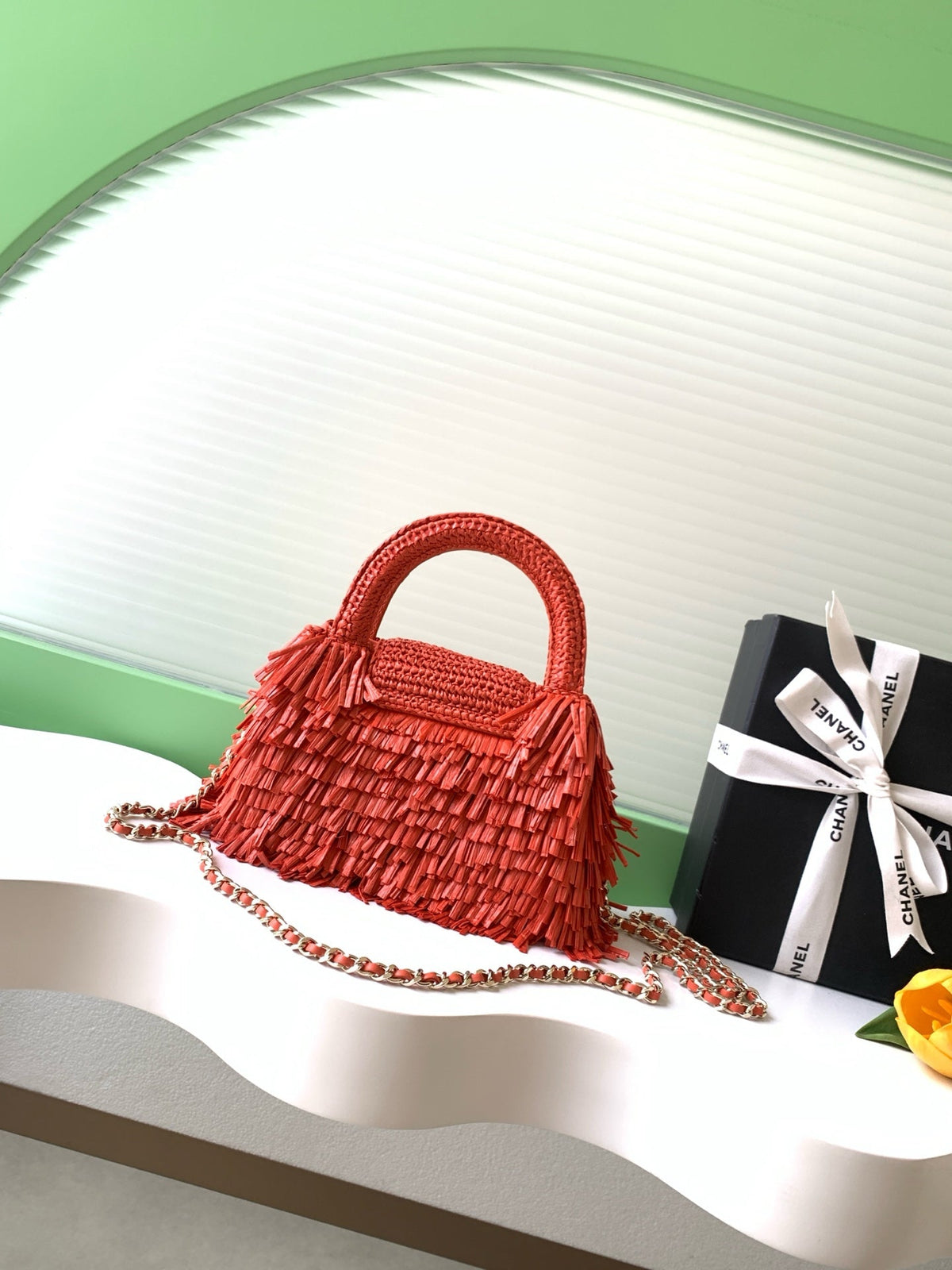 CC 2026 Mini Shopping Bag Red Raffia Fringe