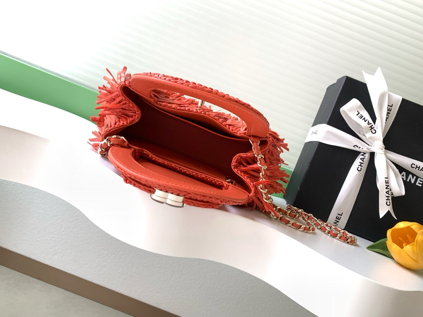 CC 2026 Mini Shopping Bag Red Raffia Fringe