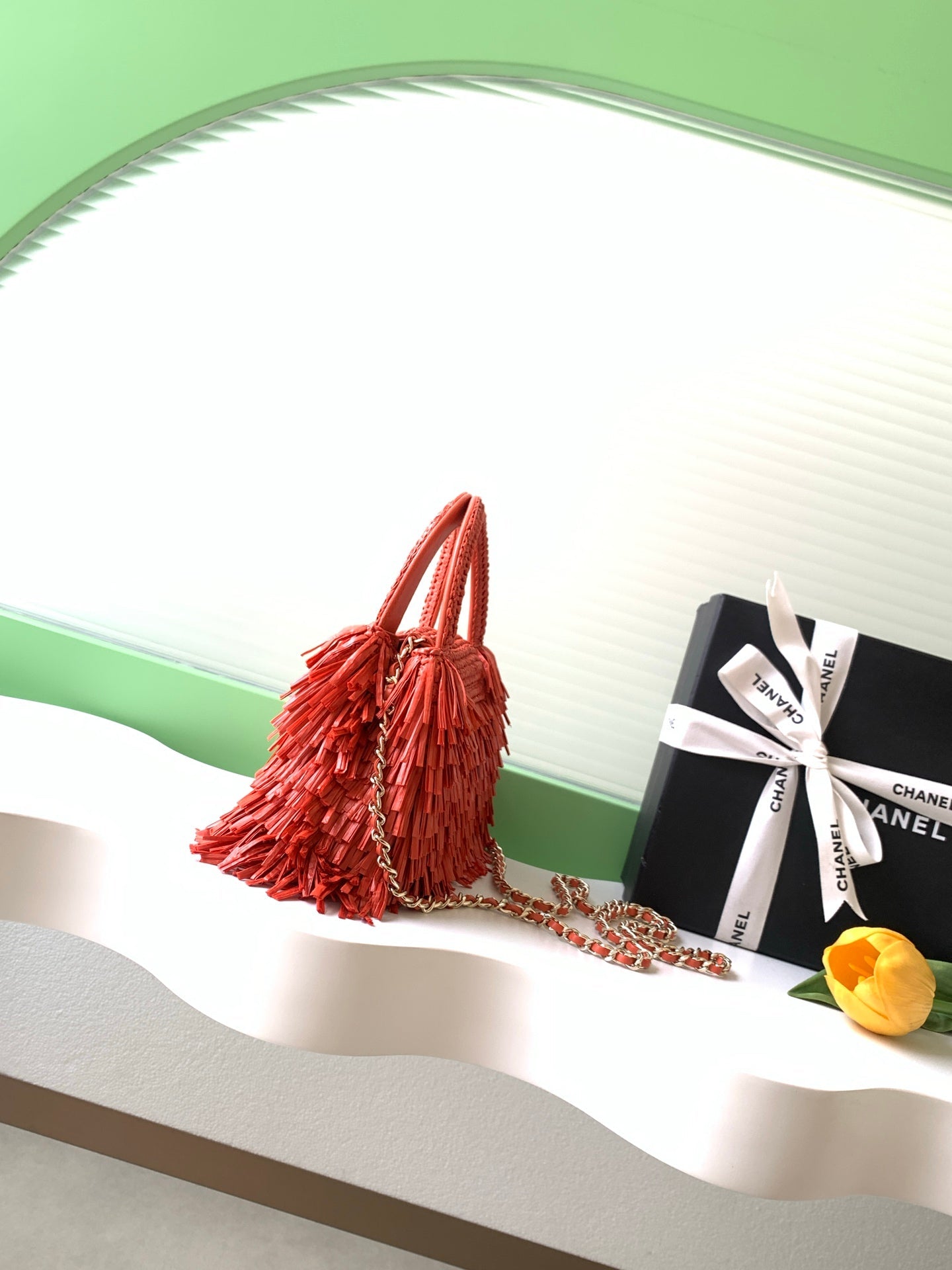CC 2026 Mini Shopping Bag Red Raffia Fringe