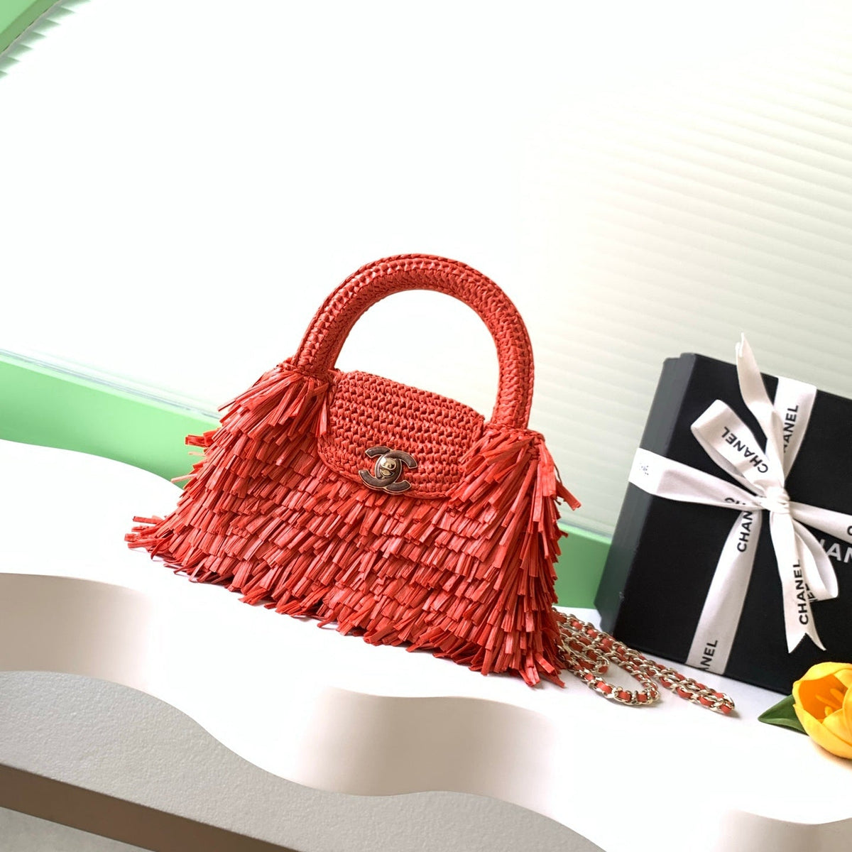 CC 2026 Mini Shopping Bag Red Raffia Fringe