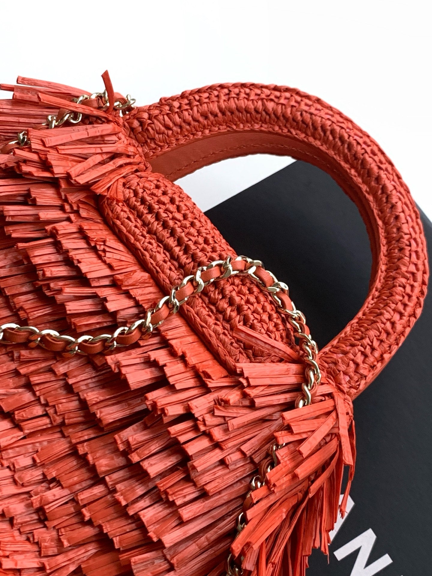 CC 2026 Mini Shopping Bag Red Raffia Fringe