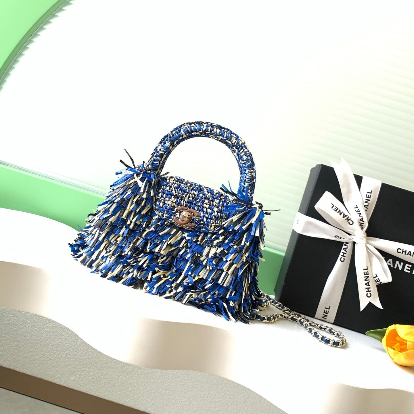 CC 2026 Top Handle Bag 19cm Blue White Raffia Leather 292256
