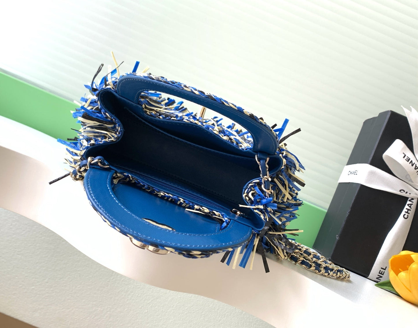 CC 2026 Top Handle Bag 19cm Blue White Raffia Leather 292256