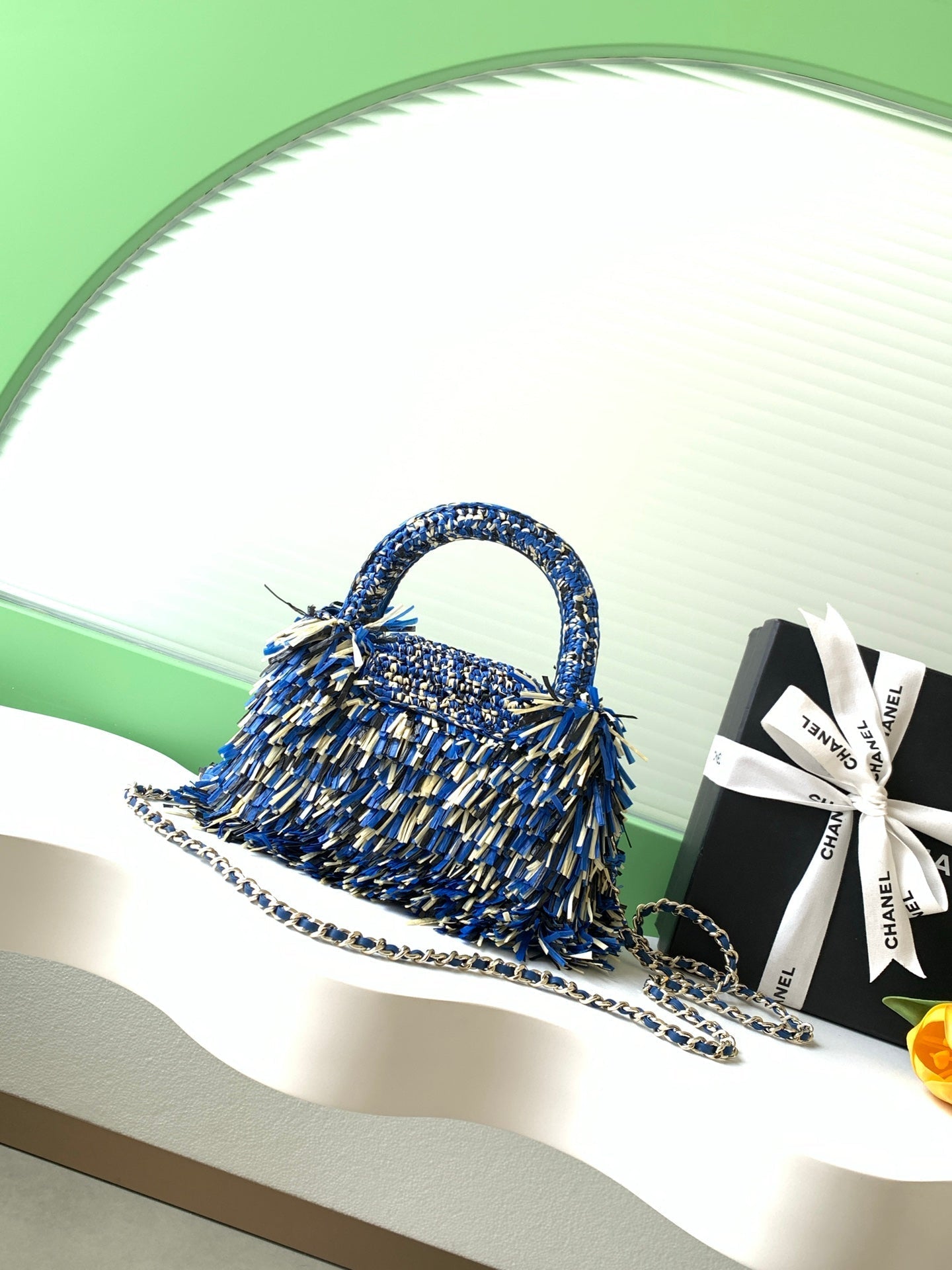 CC 2026 Top Handle Bag 19cm Blue White Raffia Leather 292256