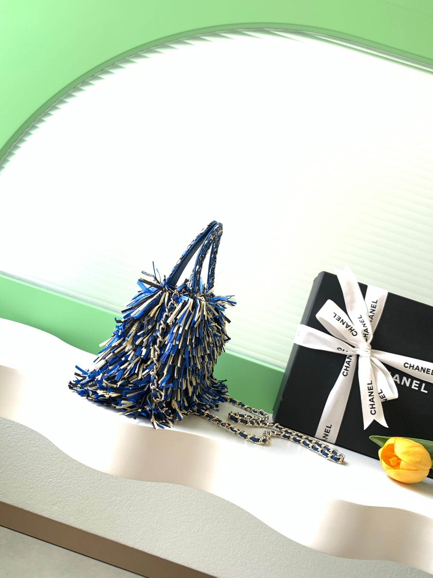 CC 2026 Top Handle Bag 19cm Blue White Raffia Leather 292256