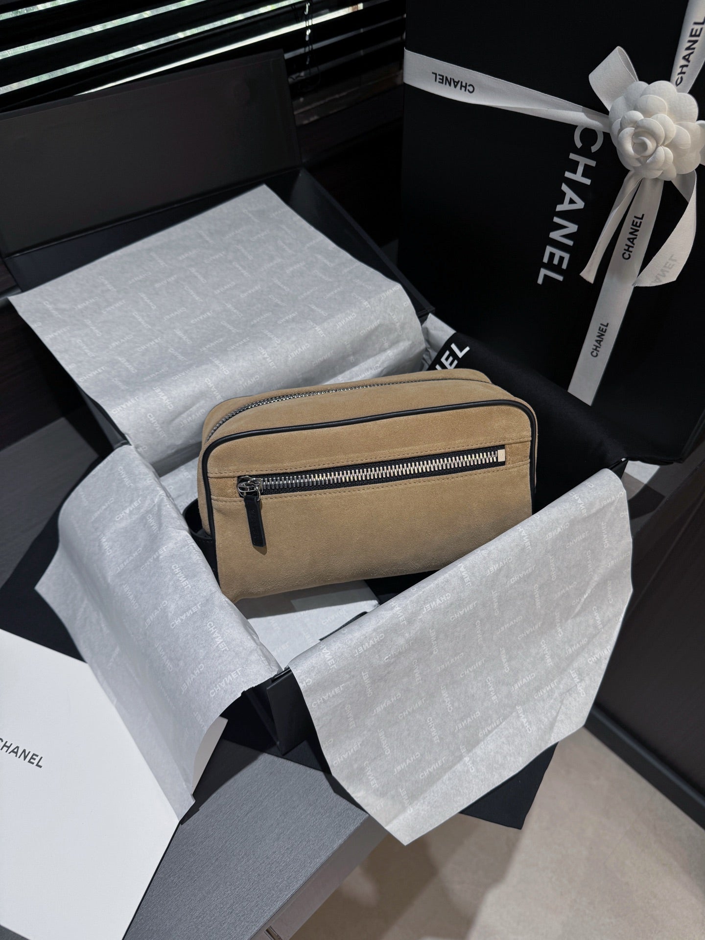 CC 26s Large Zippered Pouch Light Beige Canvas Calfskin