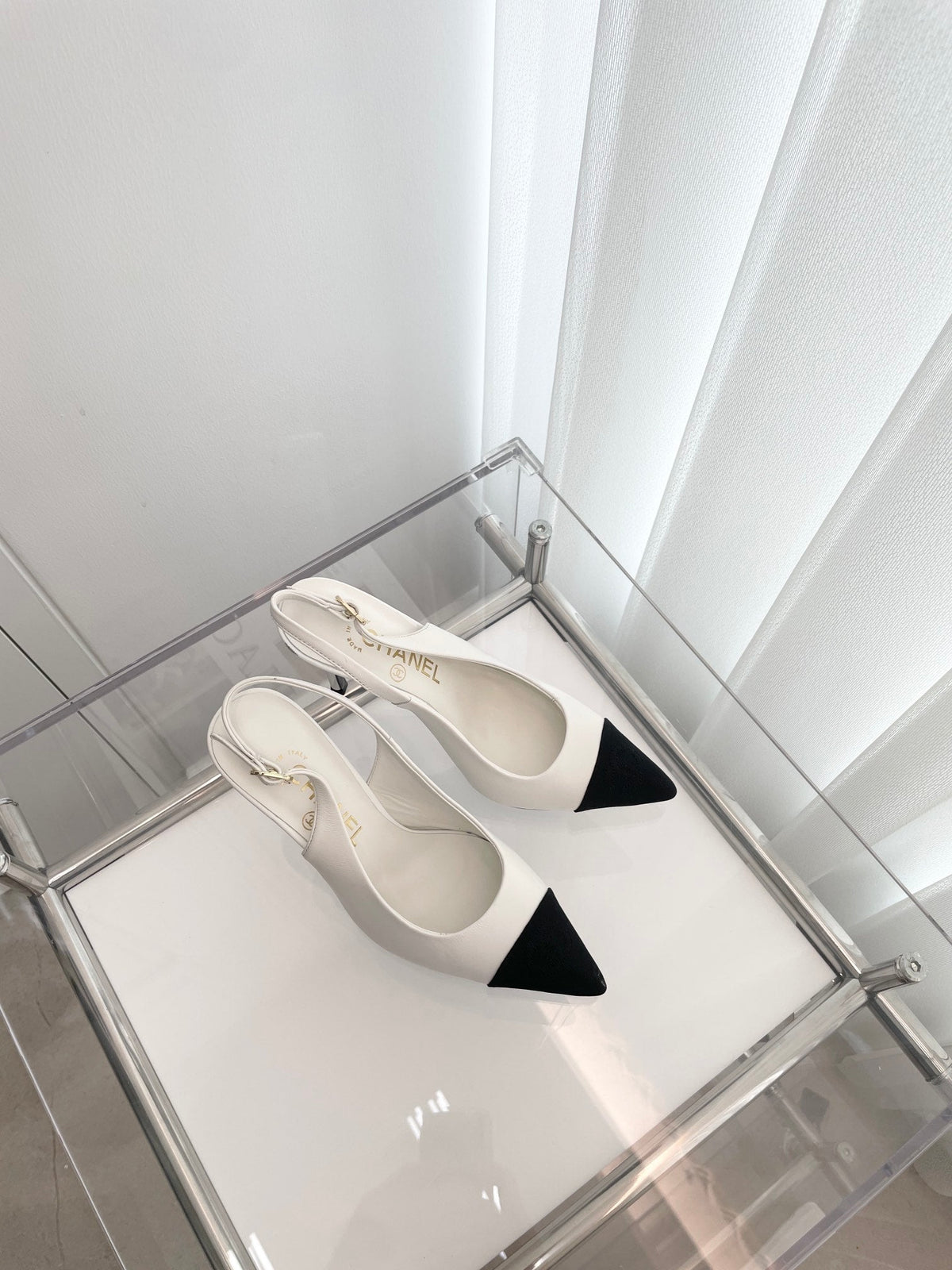 CC Slingback 95mm White Lambskin And Denim Fabric