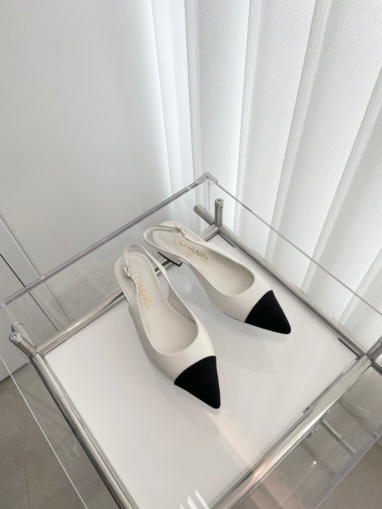CC Slingback 15mm White Lambskin And Denim Fabric