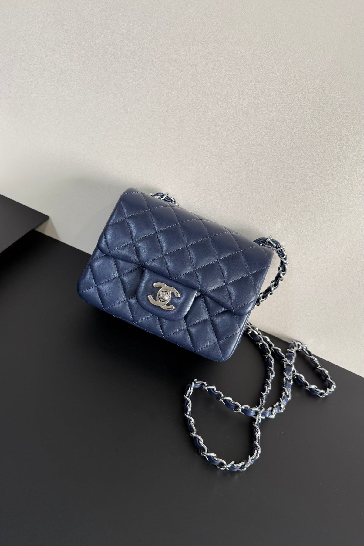 CC Flap Bag 17cm Navy Blue Sheepskin SHW 284839