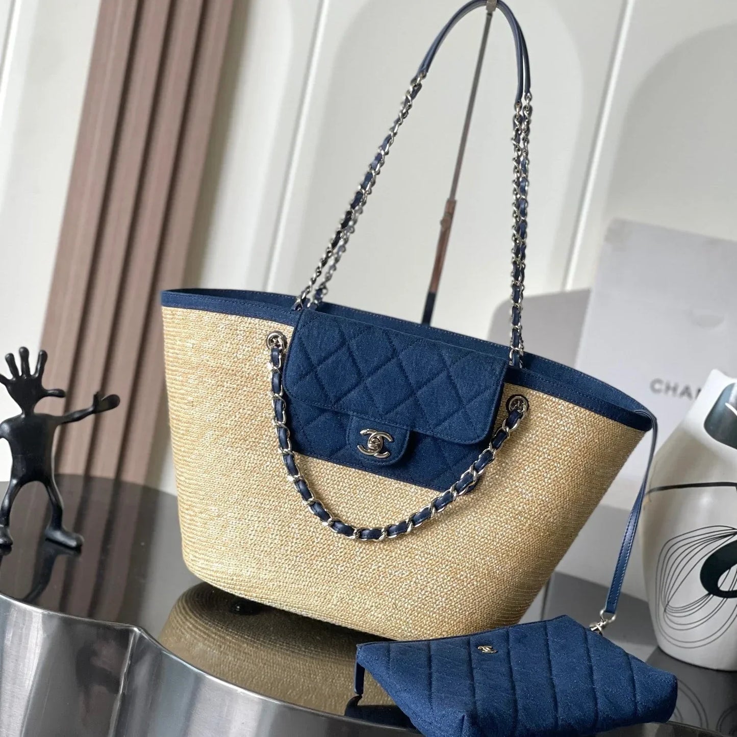 CC 2026 Deauville Bag 54cm Blue Beige Denim Straw