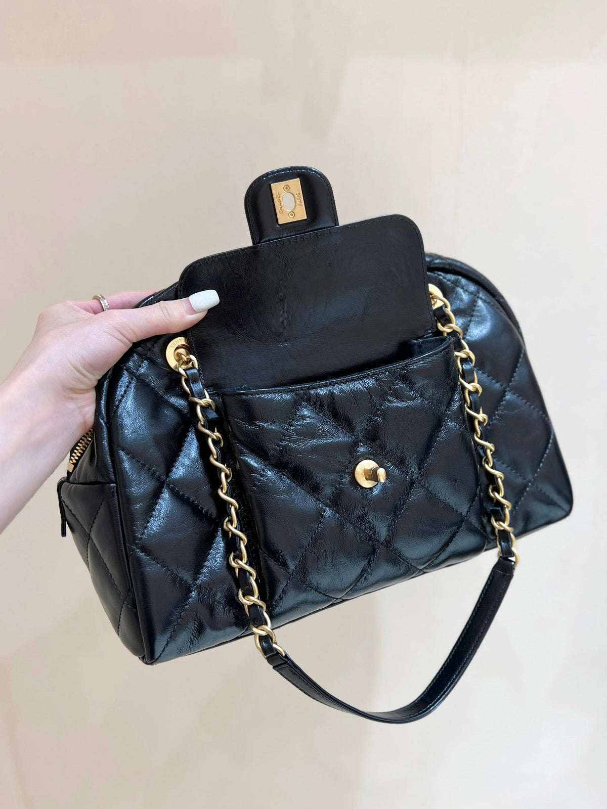 CC 24A Bowling Bag 33cm Black Wrinkled Calfskin GHW