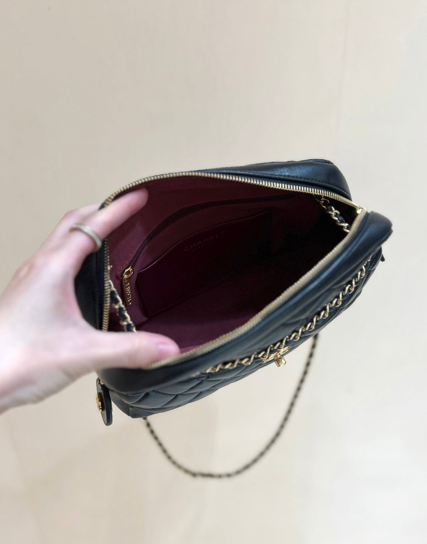 CC  24K Gold Coin Camera Bag 24cm Black Lambskin Light GHW