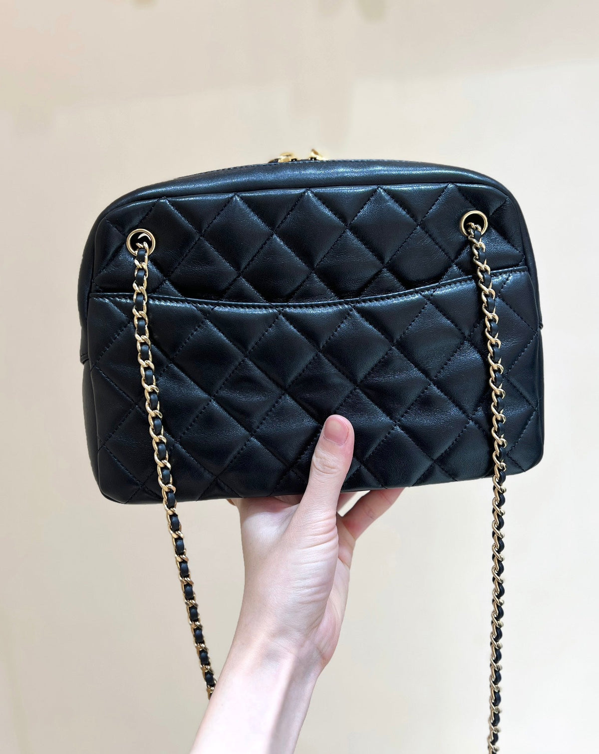 CC  24K Gold Coin Camera Bag 24cm Black Lambskin Light GHW