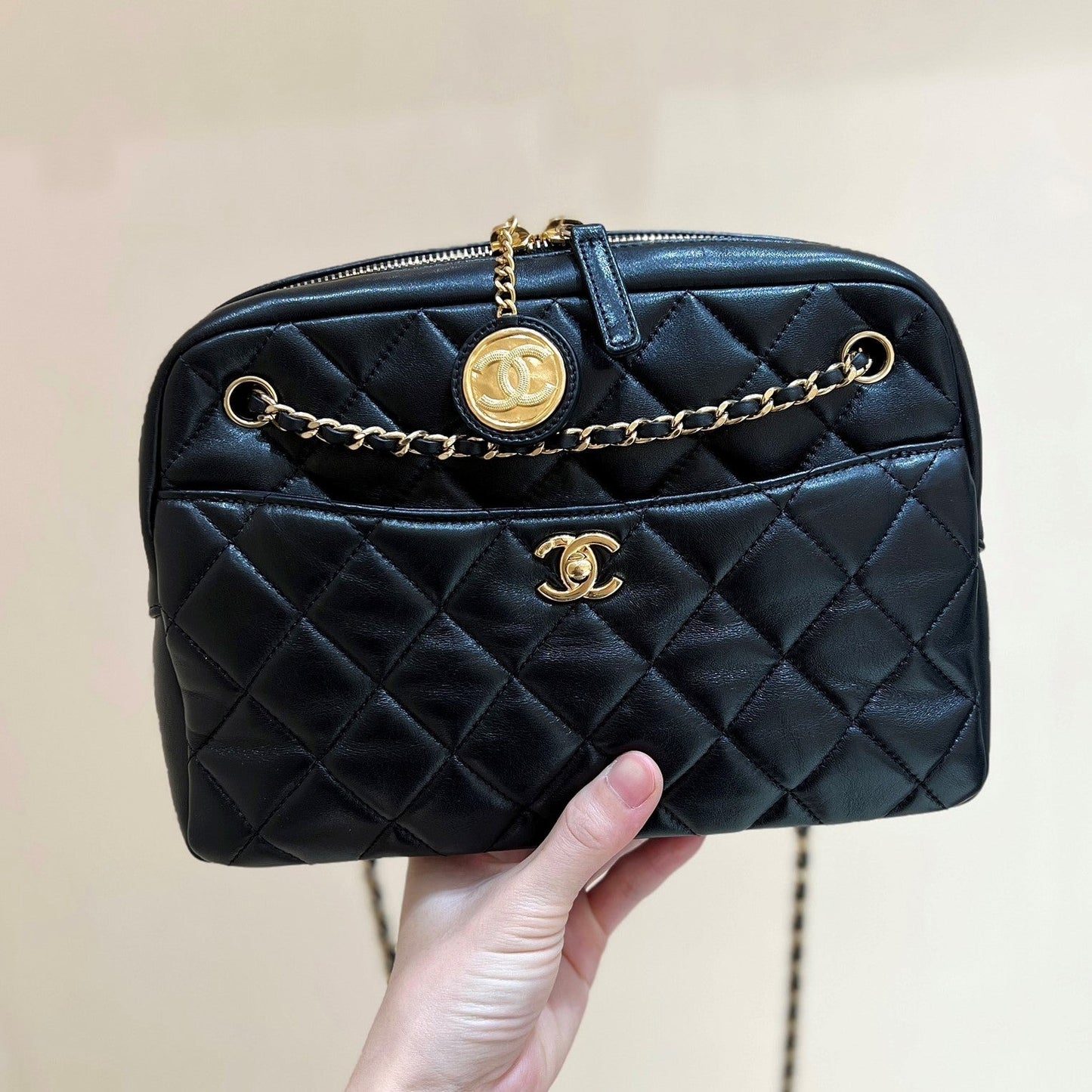 CC  24K Gold Coin Camera Bag 24cm Black Lambskin Light GHW