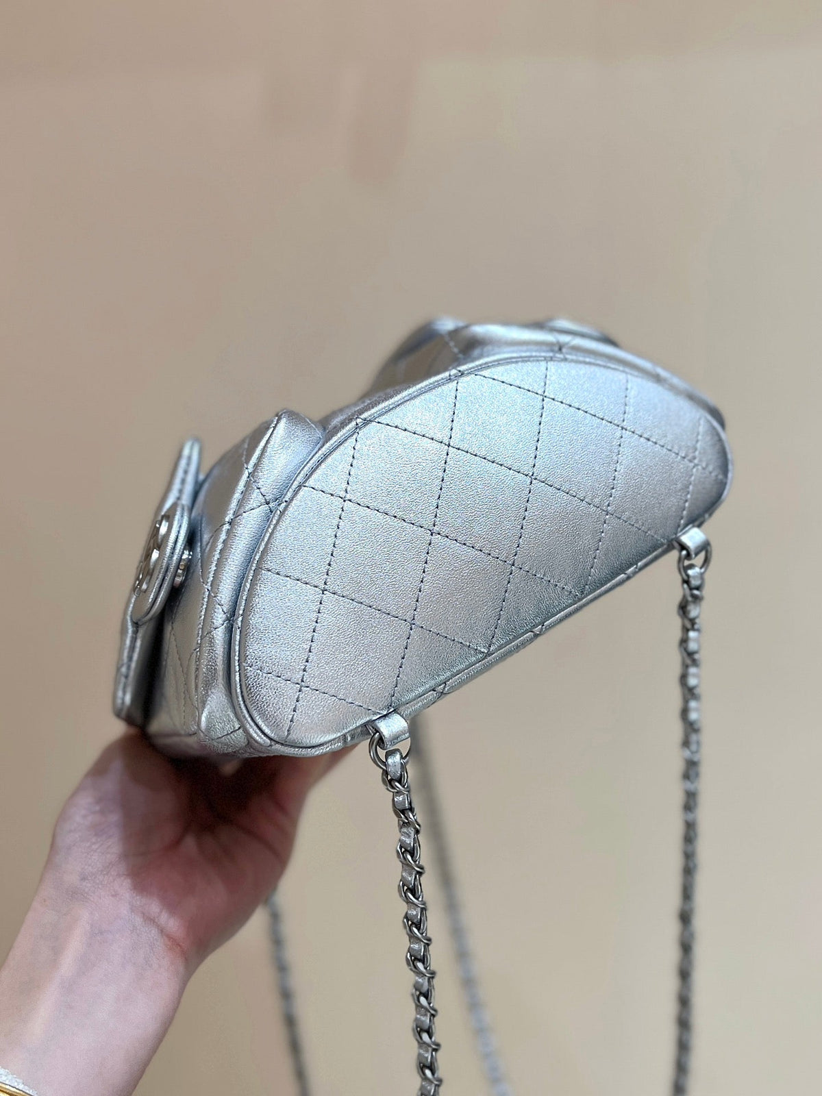 DRAWSTRING BUCKET BACKPACK 24 IN SILVER-TONE LAMBSKIN SILVER HARDWARE