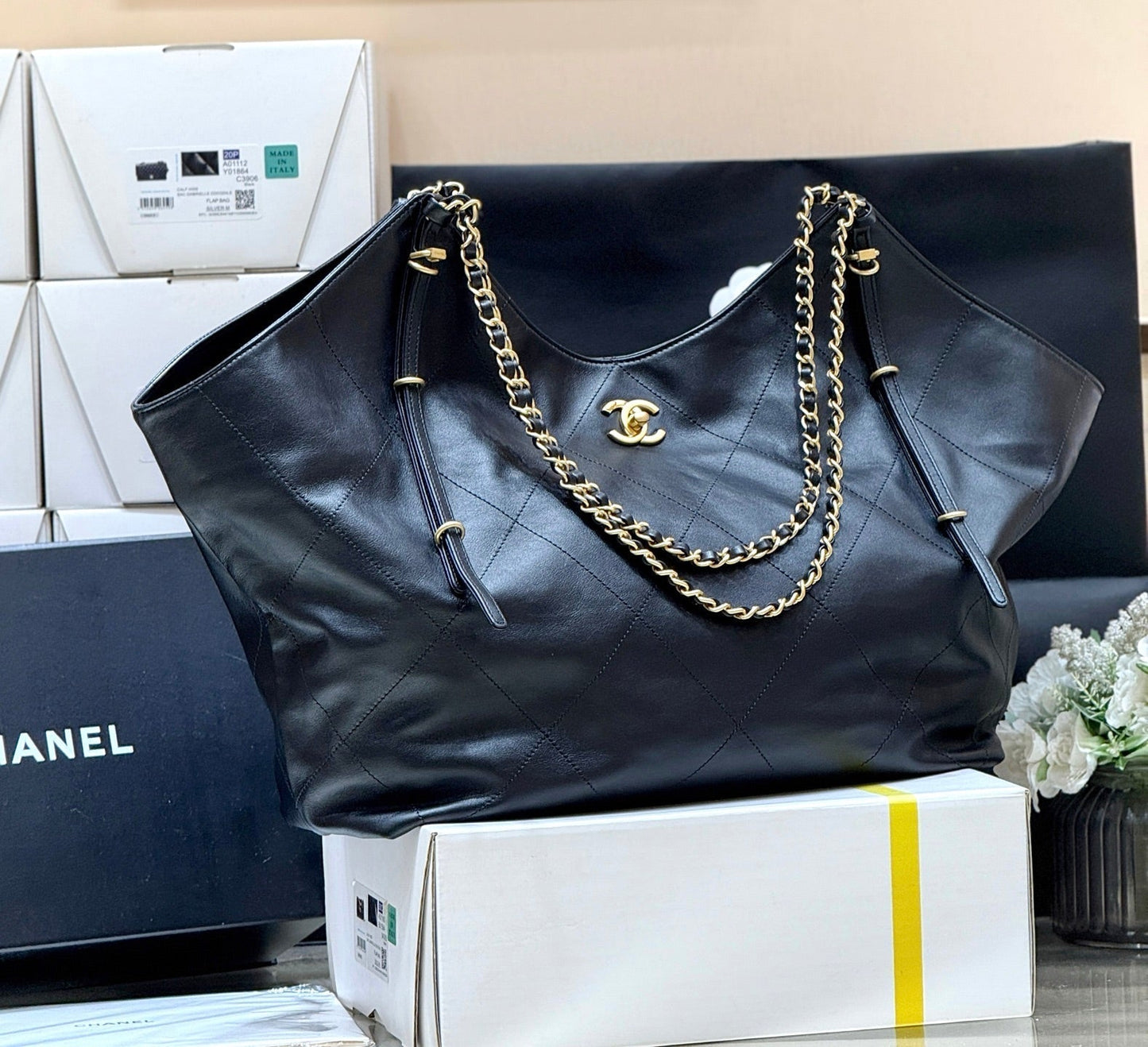 CC Large Maxi Shopping Bag 59cm Black Calfskin GHW