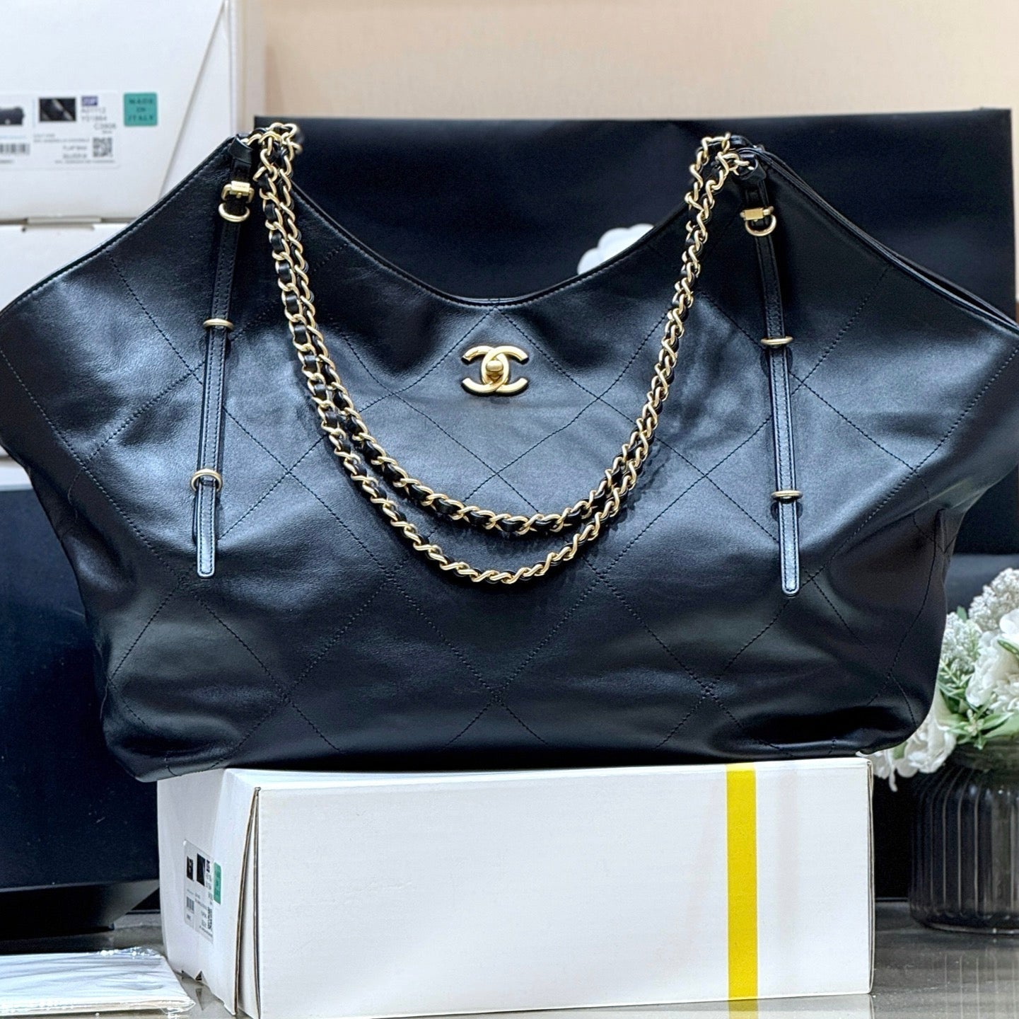 CC Large Maxi Shopping Bag 59cm Black Calfskin GHW