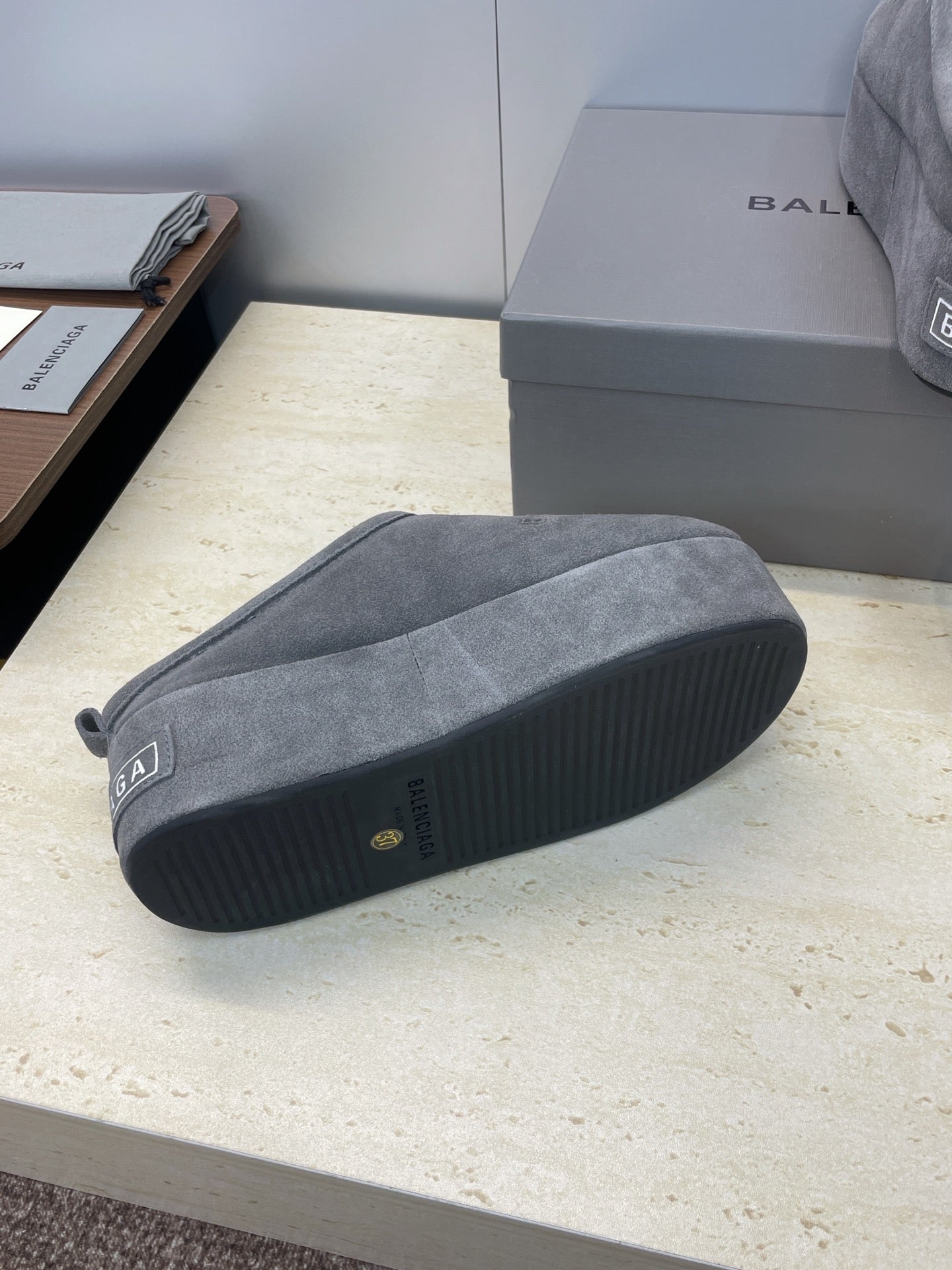 Balenciaga Alaska Slide Grey White Suede Fur 551898