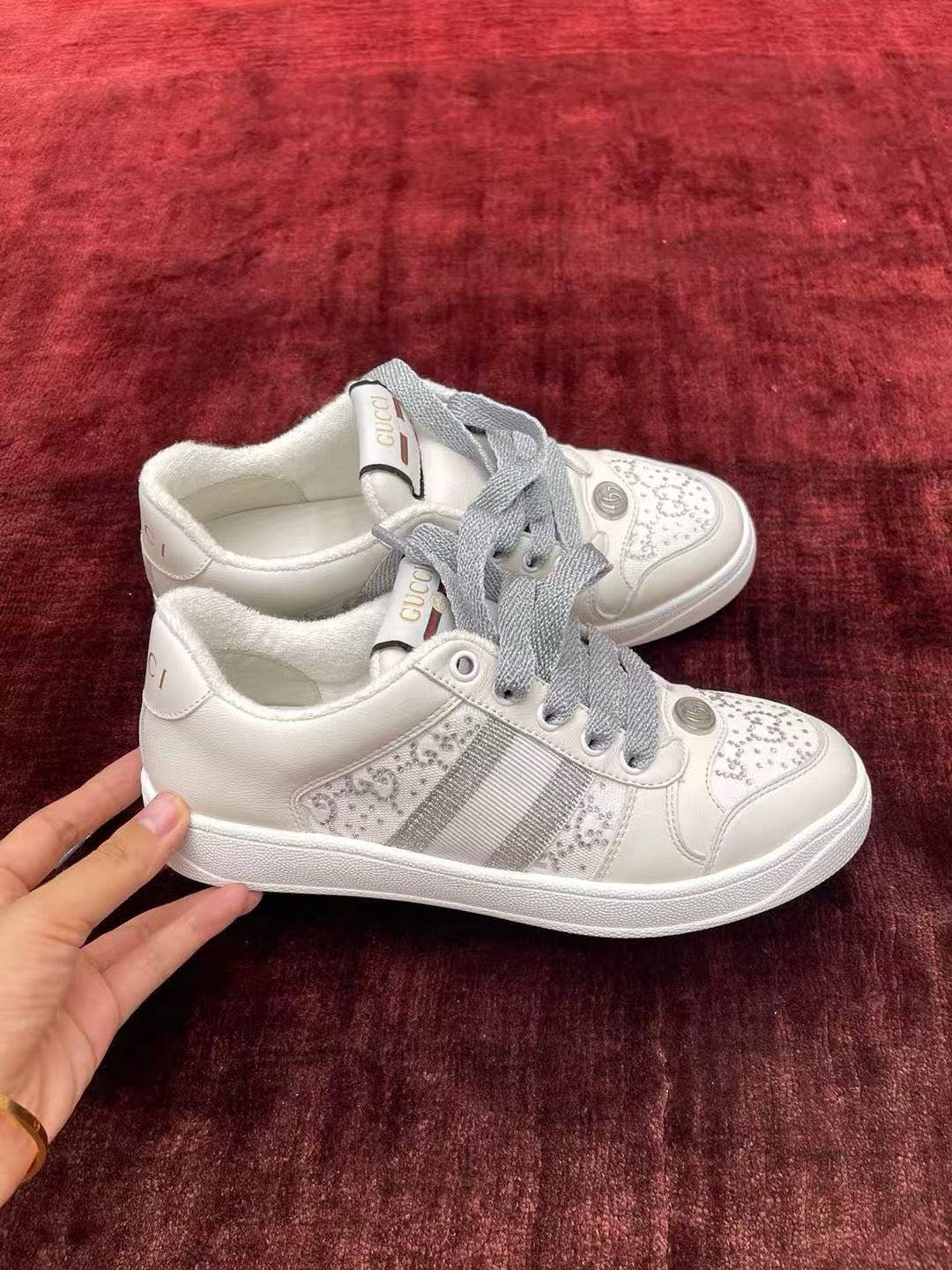 GG Screener Trainer Sneakers White Light Grey  Cowhide Frabic 502168