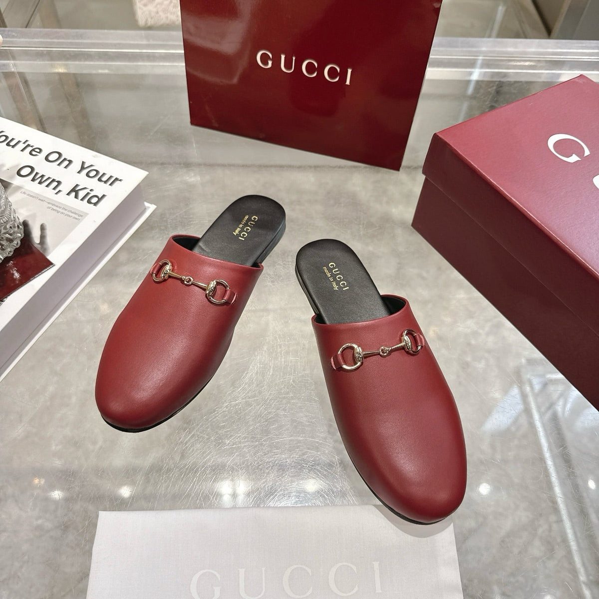 GG 26s Mule With Horsebit Burgundy Sheepskin 664794