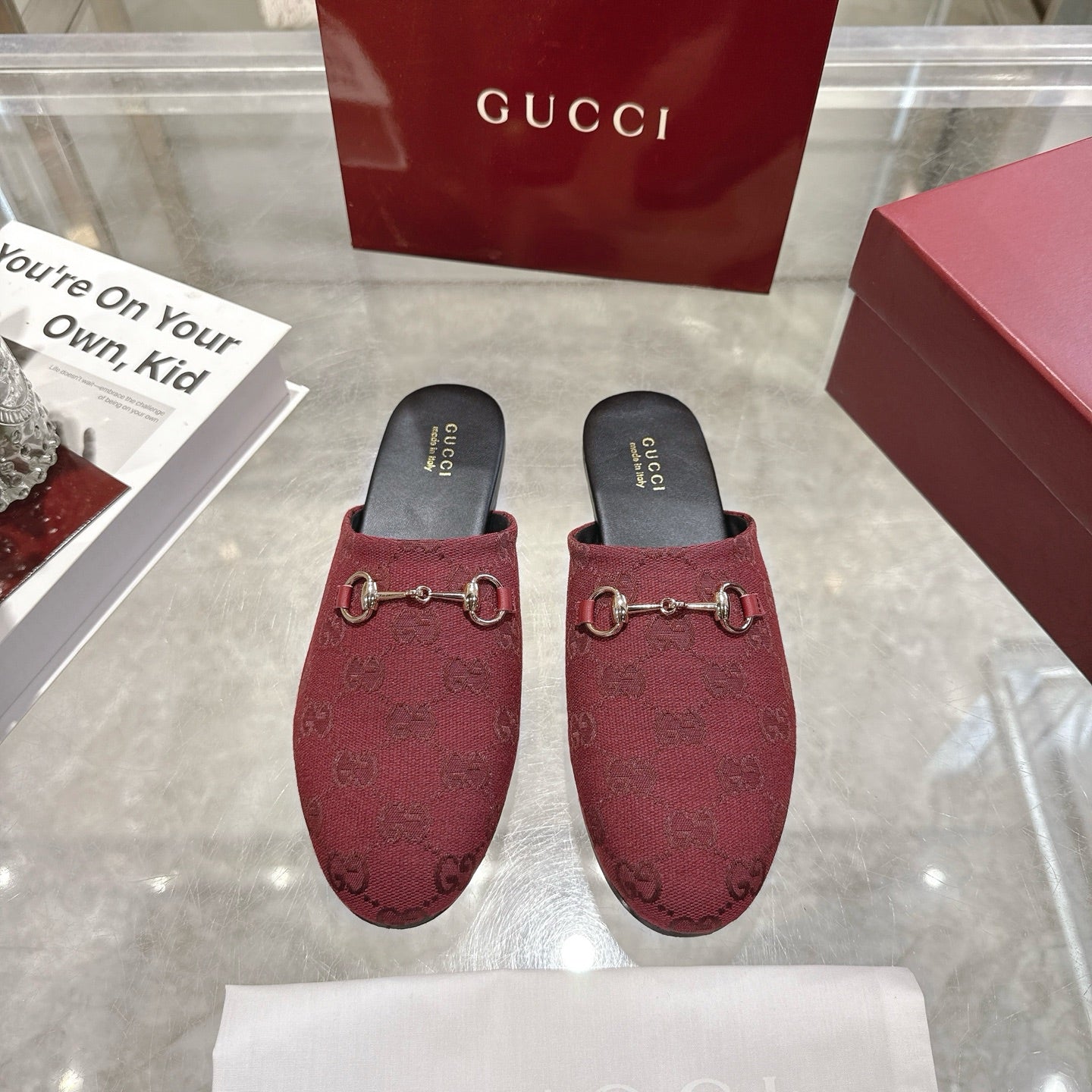 GG 26s Mule With Horsebit Burgundy Canvas 664805