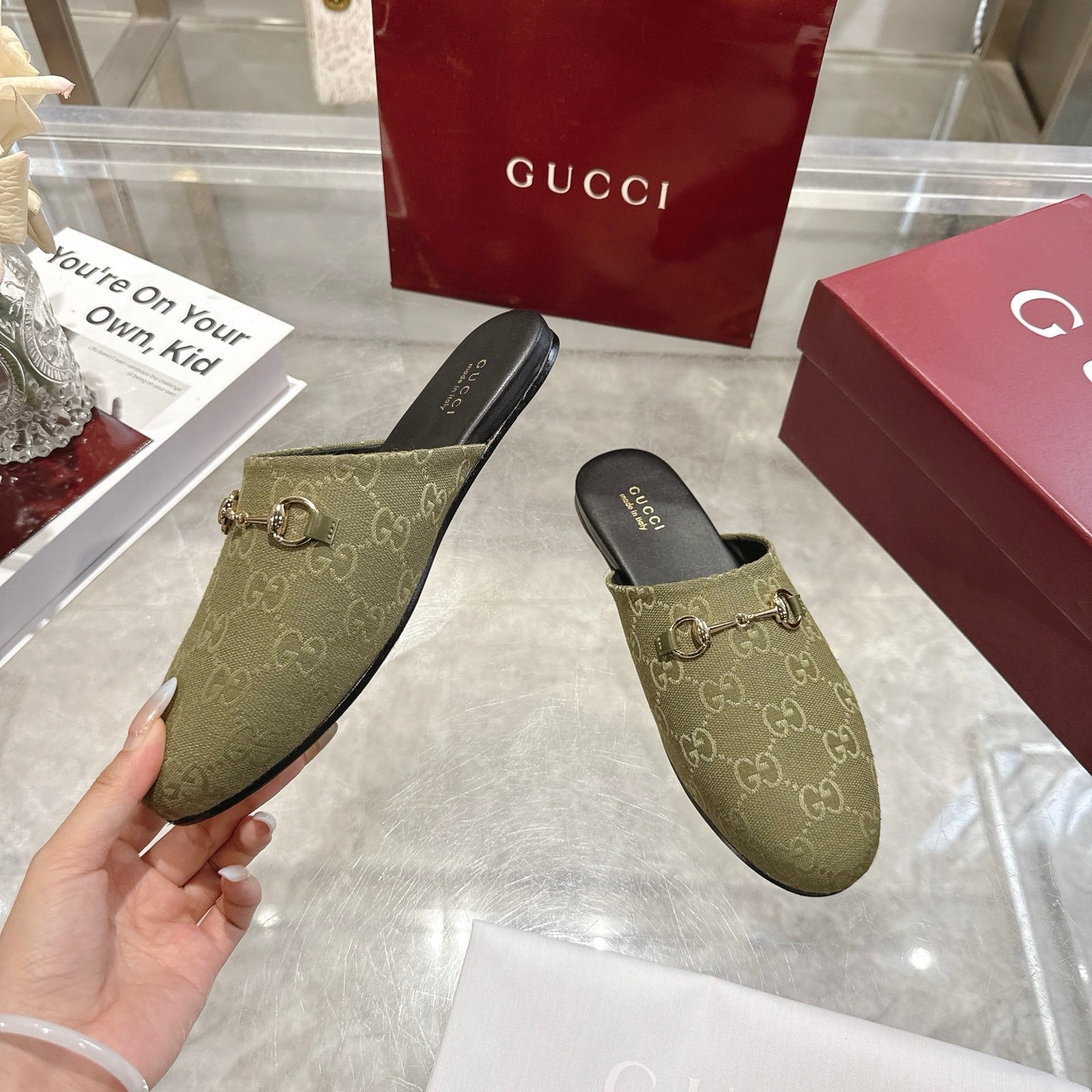 GG 26s Mule With Horsebit Olive Green Canvas 664806