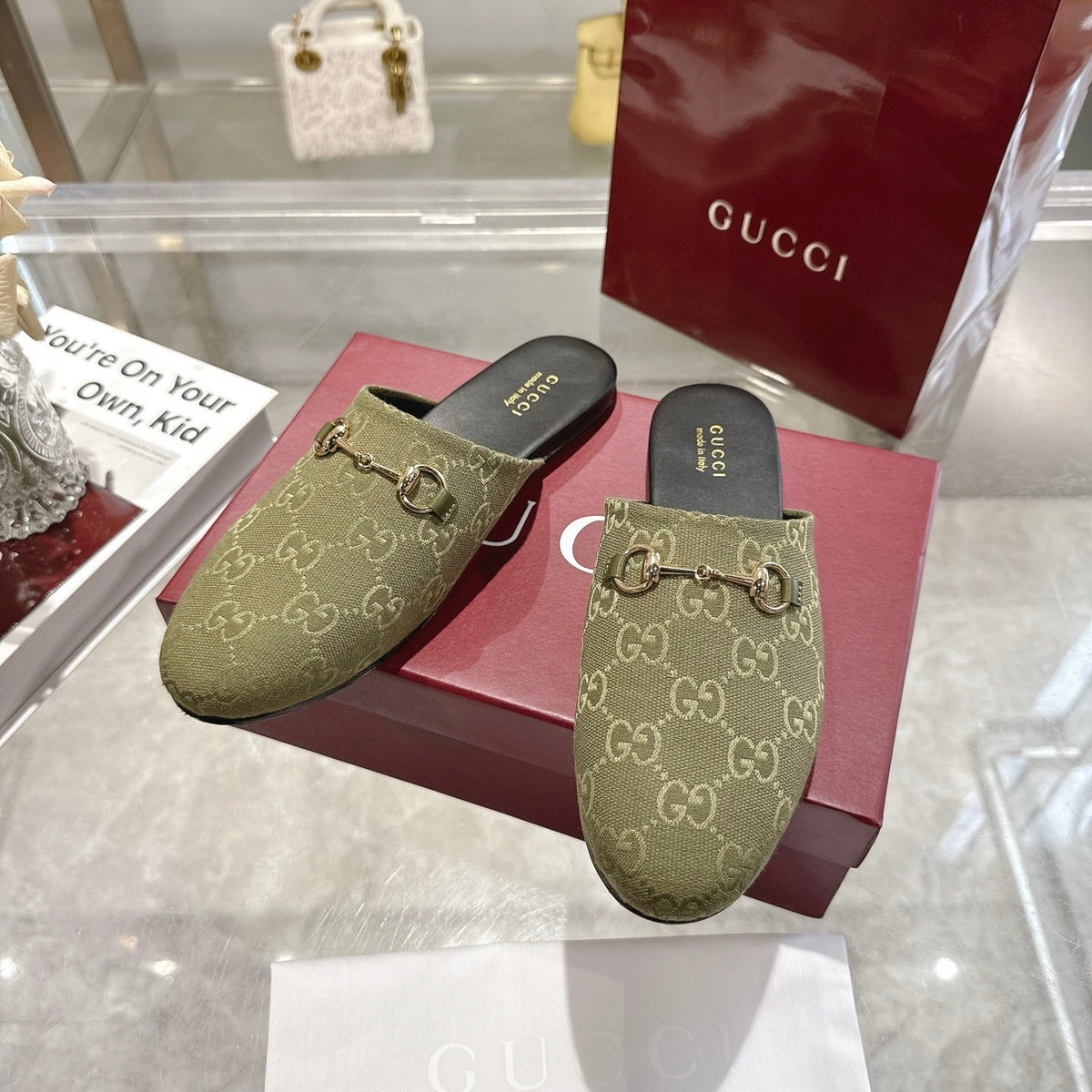 GG 26s Mule With Horsebit Olive Green Canvas 664806