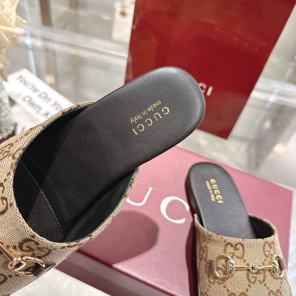 GG 26s Mule With Horsebit Beige Brown Canvas 664807