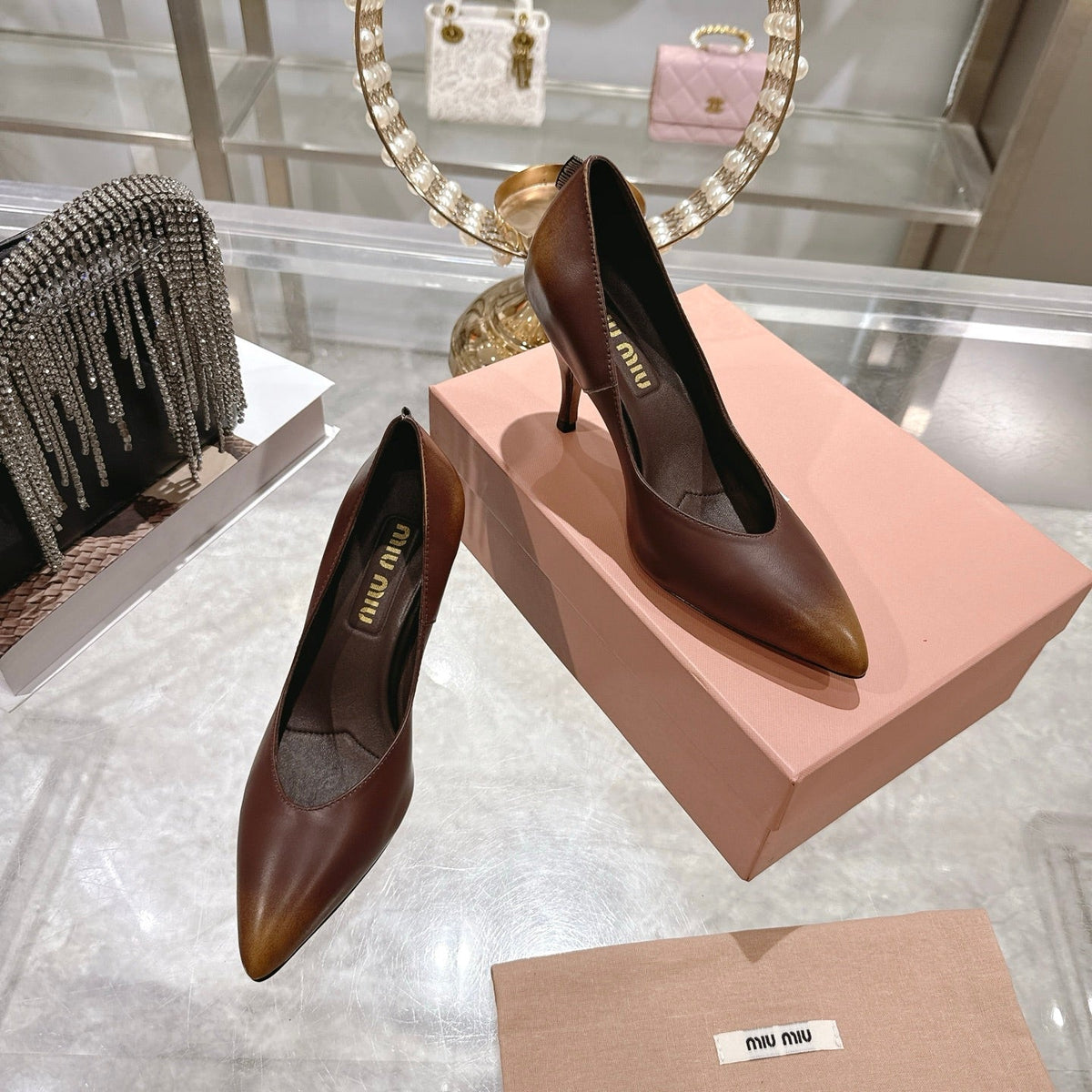 Miu High Heel Pumps Brown Sheepskin 592077