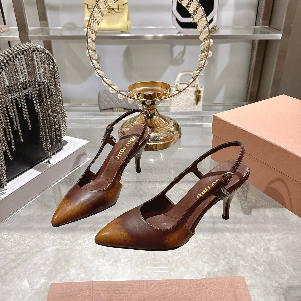 Miu 26 High Heel Slingback 75 Camel Brown Cowhide 592083