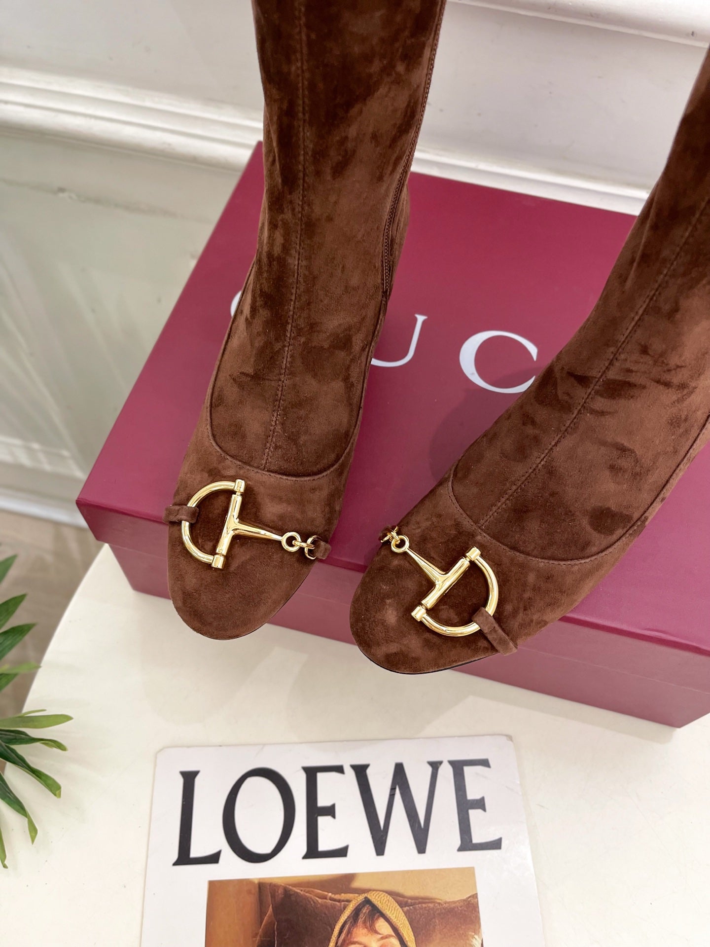 GG half-D chain buckle ankle boots brown suede 536055