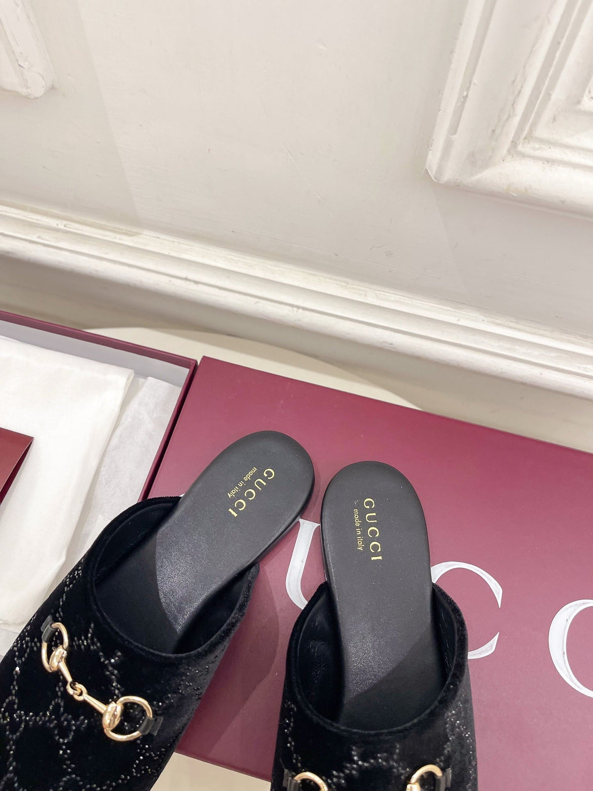GG 26 Horsebit Flat Mules Rhinestones Black Velvet 587080