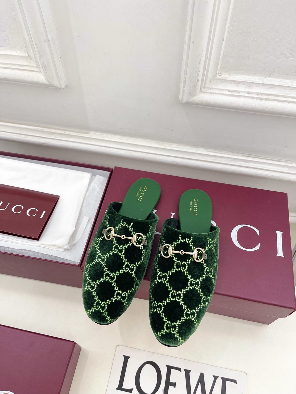 GG 26 Horsebit Flat Mules Rhinestones Dark Green Velvet 587082