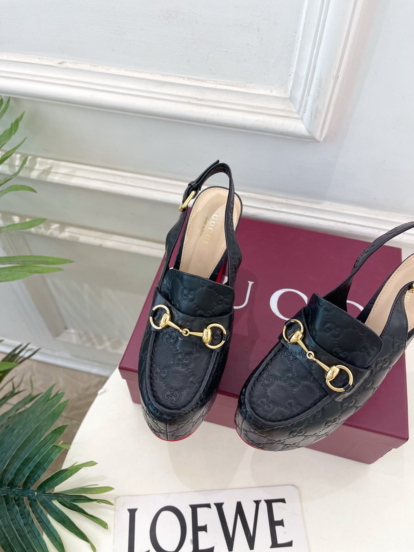 GG Horsebit Platform Loafer Slingback Black Embossed Leather 640259