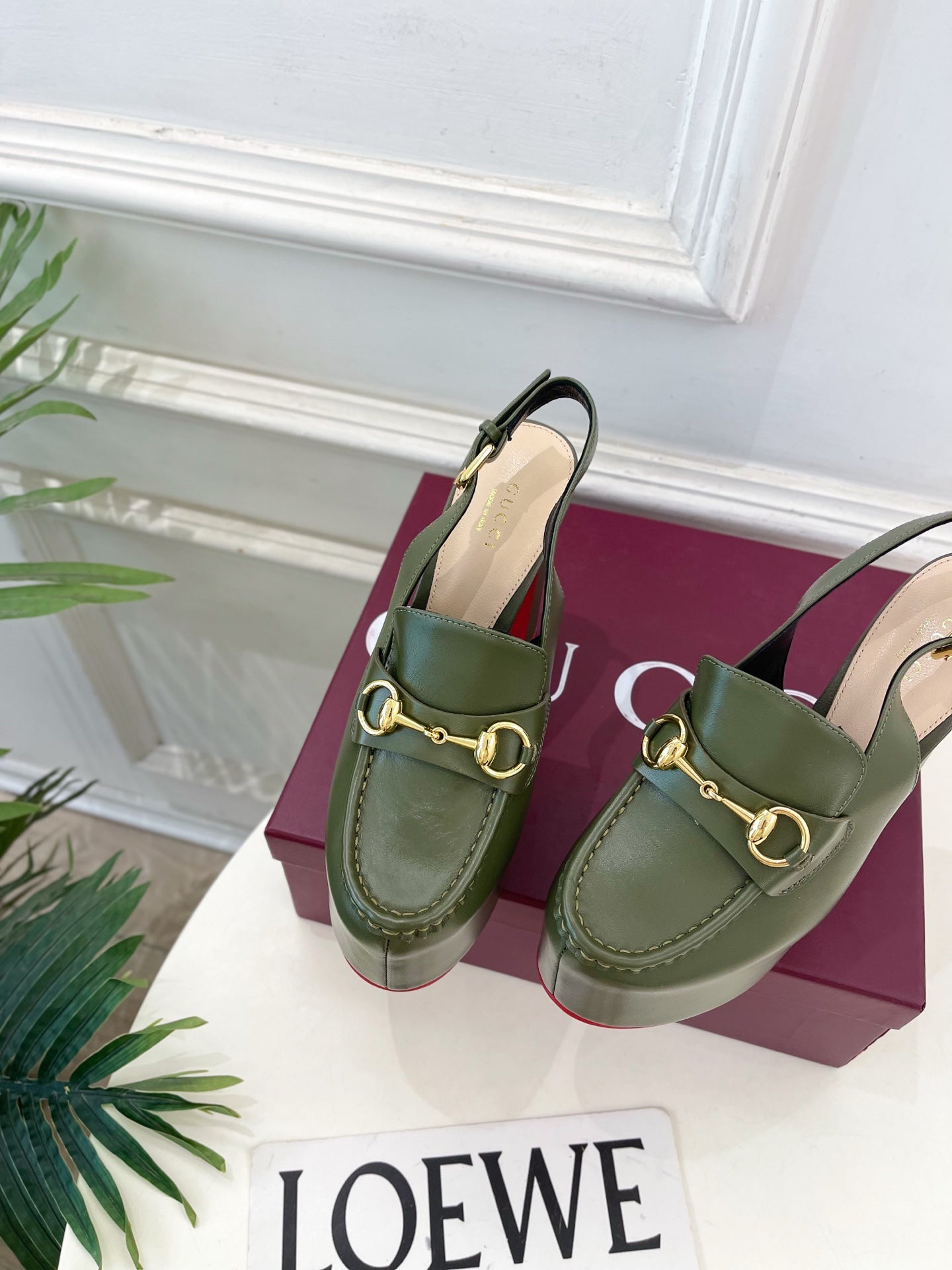 GG Horsebit Platform Loafer Slingback Olive Leather 640265