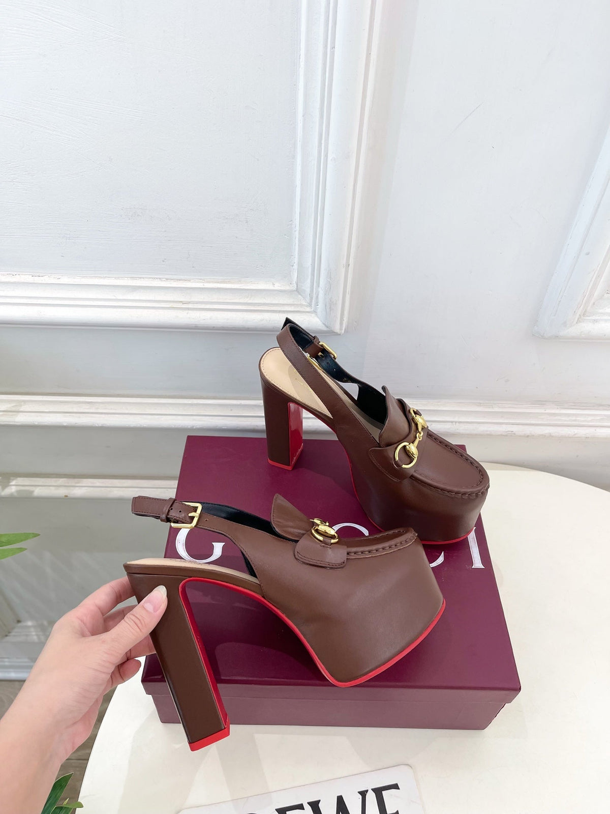 GG Horsebit Platform Loafer Slingback Brown Leather 640264