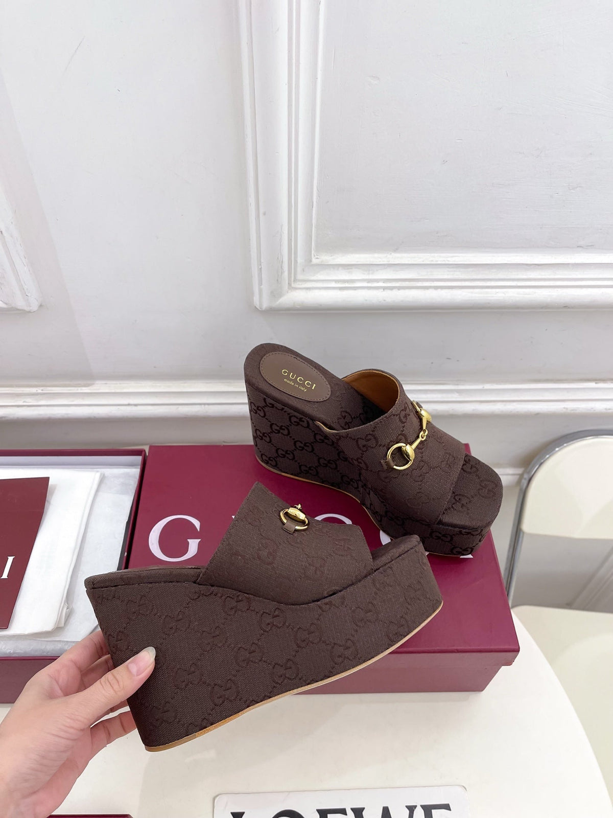 GC Wedge With Horsebit Sandal Dark Brown Canvas 640274