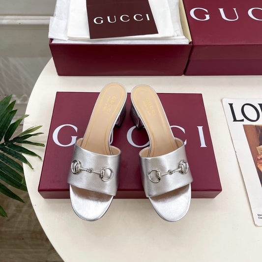 GG 26s Slide Sandal 5.5cm With Horsebit Sliver Leather 640296